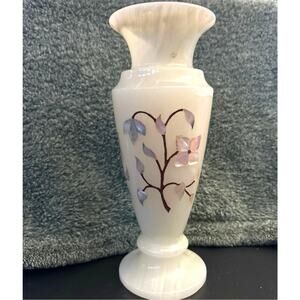 White Marble Flower Vase with Pearl Floral Pattern Inlays UV Reactive